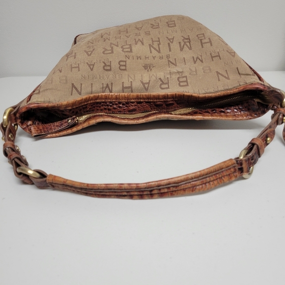 Brahmin Monogram Tan And Brown Canvas Croc Leather Shoulder Bag. - Picture 11 of 16